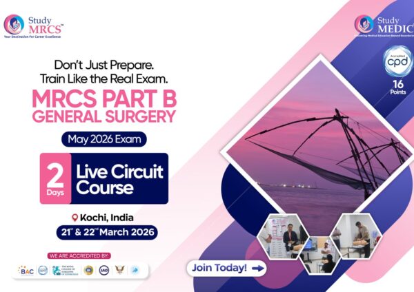 MRCS Part B General Surgery live circuit course banner for May 2026 exam in Kochi, India with 2-day training details.